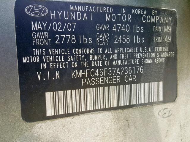 KMHFC46F37A236176 - 2007 HYUNDAI AZERA SE GOLD photo 10