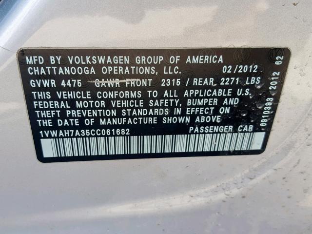 1VWAH7A35CC061682 - 2012 VOLKSWAGEN PASSAT S SILVER photo 10