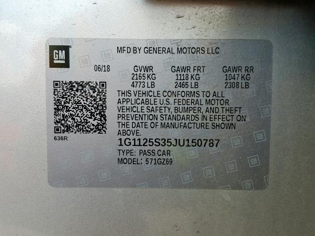 1G1125S35JU150787 - 2018 CHEVROLET IMPALA PRE SILVER photo 10