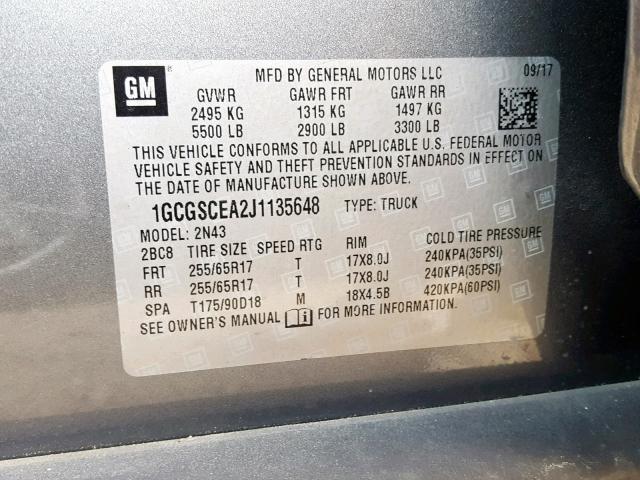 1GCGSCEA2J1135648 - 2018 CHEVROLET COLORADO L GRAY photo 10