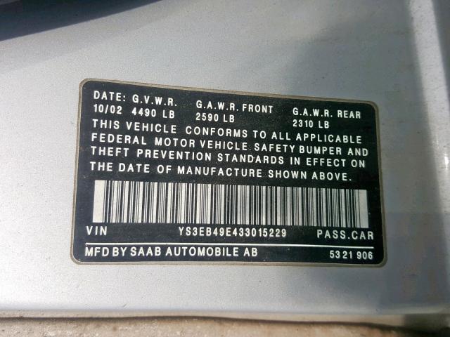 YS3EB49E433015229 - 2003 SAAB 9-5 LINEAR SILVER photo 10