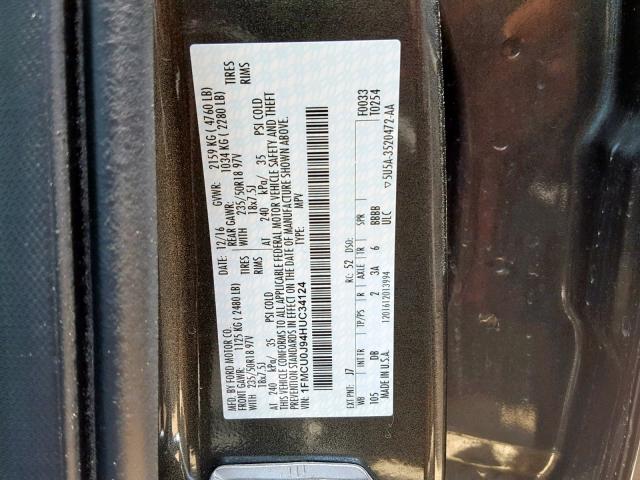 1FMCU0J94HUC34124 - 2017 FORD ESCAPE TIT GRAY photo 10