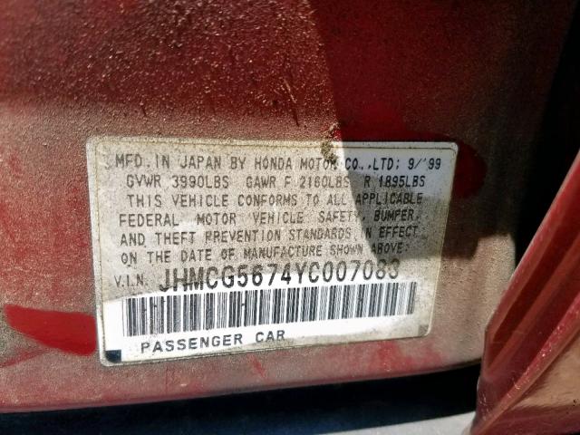 JHMCG5674YC007083 - 2000 HONDA ACCORD SE RED photo 10