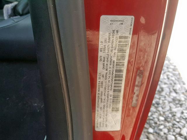 3VWRG3AG0AM016498 - 2010 VOLKSWAGEN NEW BEETLE წითელი ფოტო 10