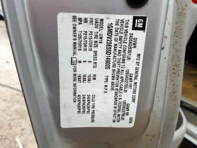 1GMDV23E55D149005 - 2005 PONTIAC MONTANA SILVER photo 10