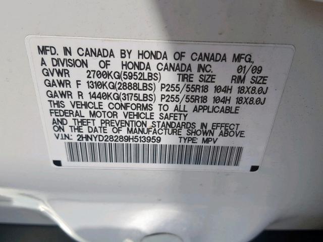 2HNYD28289H513959 - 2009 ACURA MDX WHITE photo 10