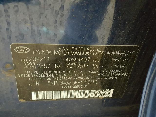 5NPE34AF3FH033416 - 2015 HYUNDAI SONATA SPO BLUE photo 10