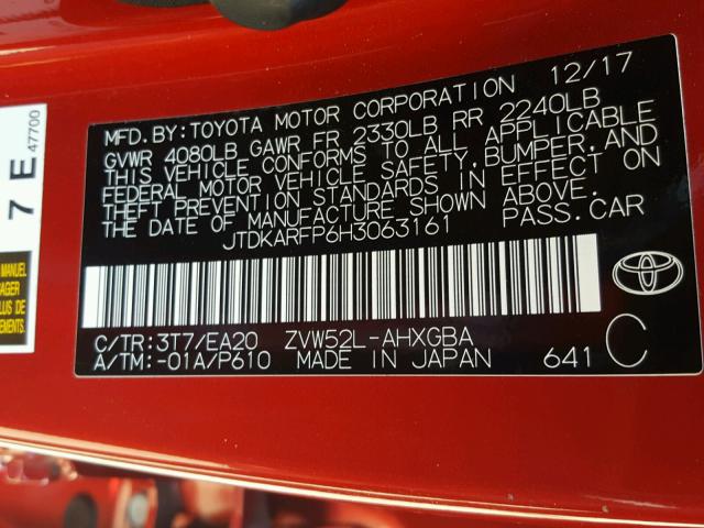 JTDKARFP6H3063161 - 2017 TOYOTA PRIUS PRIM 红色 照片 10