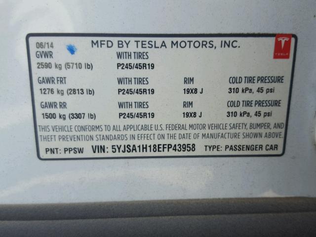 5YJSA1H18EFP43958 - 2014 TESLA MODEL S WHITE photo 10