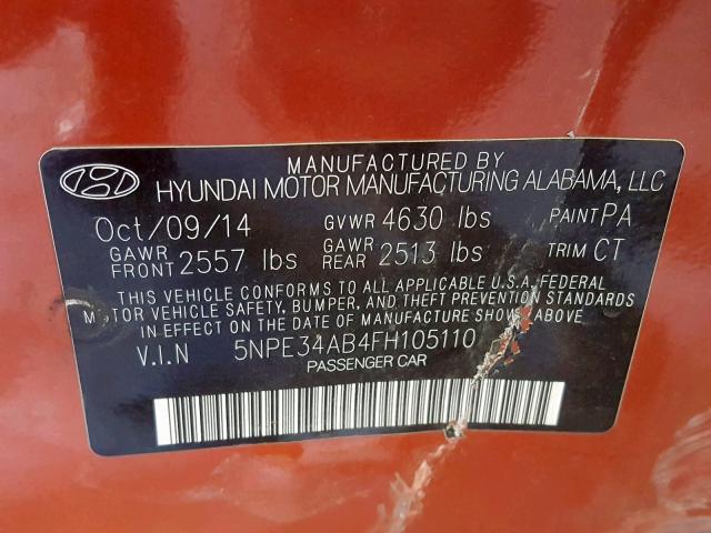 5NPE34AB4FH105110 - 2015 HYUNDAI SONATA SPO ORANGE photo 10