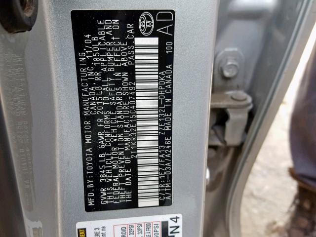 2T1KR32E15C407492 - 2005 TOYOTA MATRIX SILVER photo 10