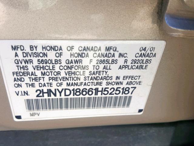 2HNYD18661H525187 - 2001 ACURA MDX TOURIN TAN photo 10