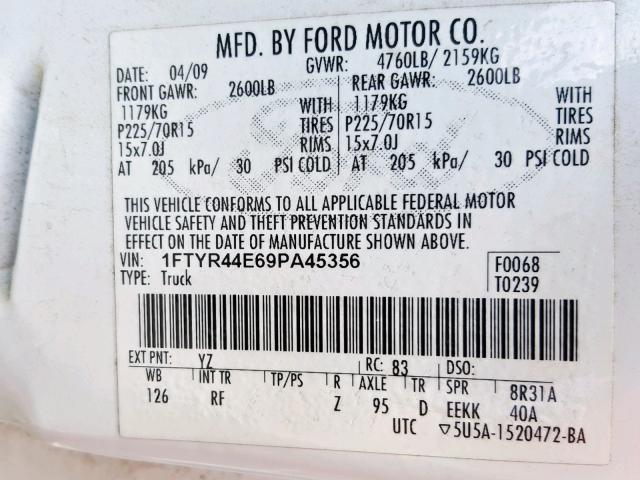 1FTYR44E69PA45356 - 2009 FORD RANGER SUP WHITE photo 10