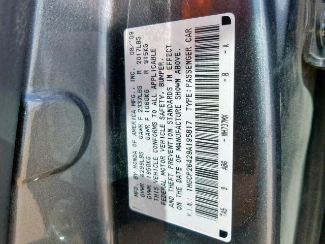 1HGCP26429A195817 - 2009 HONDA ACCORD LXP GRAY photo 10