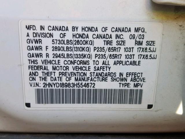 2HNYD18983H554672 - 2003 ACURA MDX TOURIN WHITE photo 10