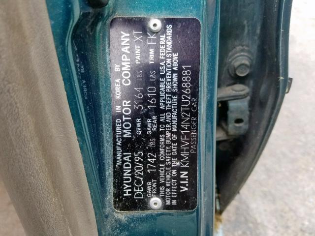 KMHVF14N2TU268881 - 1996 HYUNDAI ACCENT BAS TURQUOISE photo 10