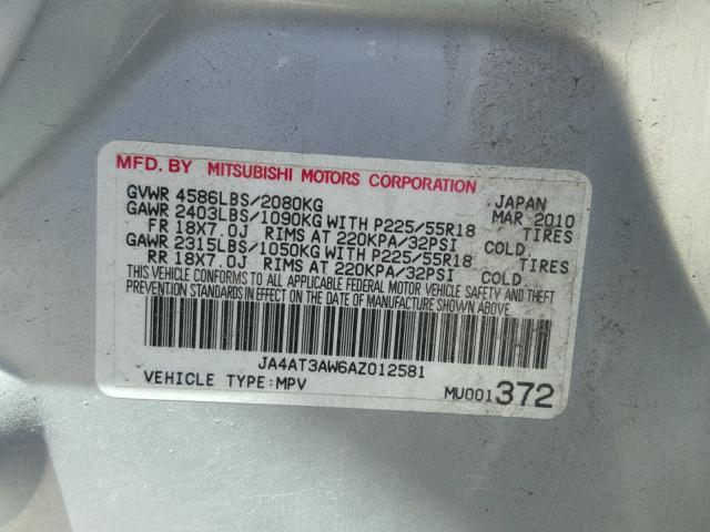 JA4AT3AW6AZ012581 - 2010 MITSUBISHI OUTLANDER SILVER photo 10