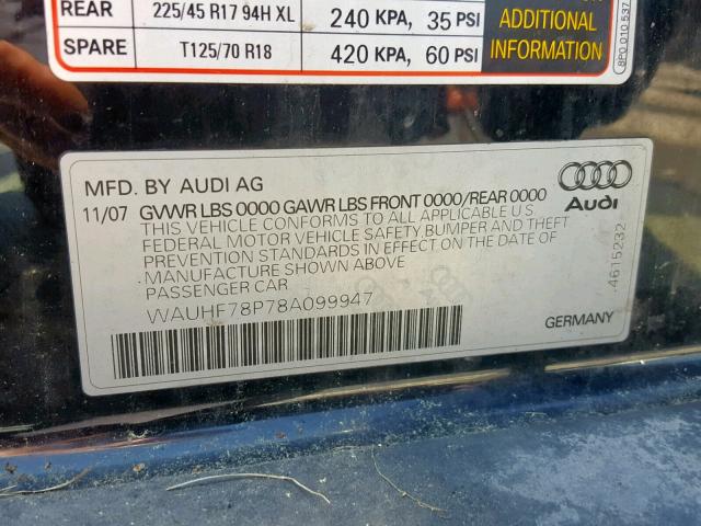 WAUHF78P78A099947 - 2008 AUDI A3 2.0 BLACK photo 10