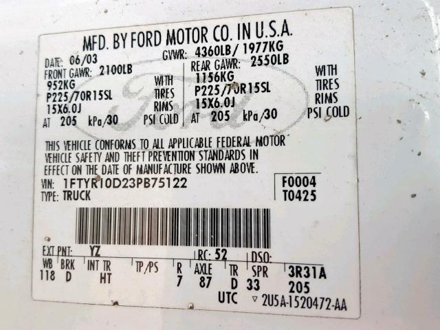1FTYR10D23PB75122 - 2003 FORD RANGER Bílá fotografie 10