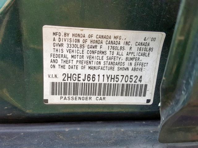 2HGEJ6611YH570524 - 2000 HONDA CIVIC BASE GREEN photo 10