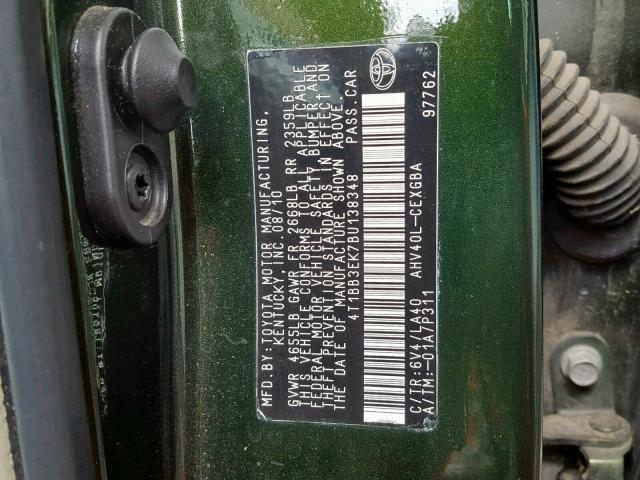 4T1BB3EK7BU138348 - 2011 TOYOTA CAMRY HYBR GREEN photo 10