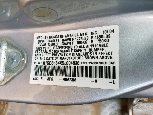 1HGES164X5L004838 - 2005 HONDA CIVIC DX SILVER photo 10