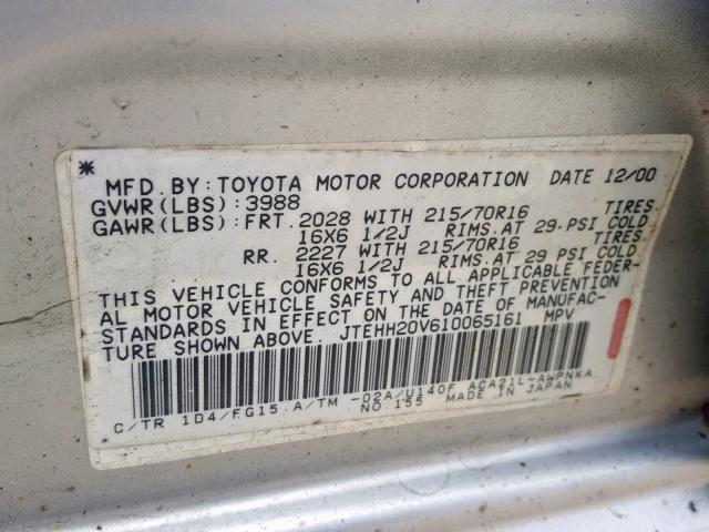 JTEHH20V610065161 - 2001 TOYOTA RAV4 SILVER photo 10