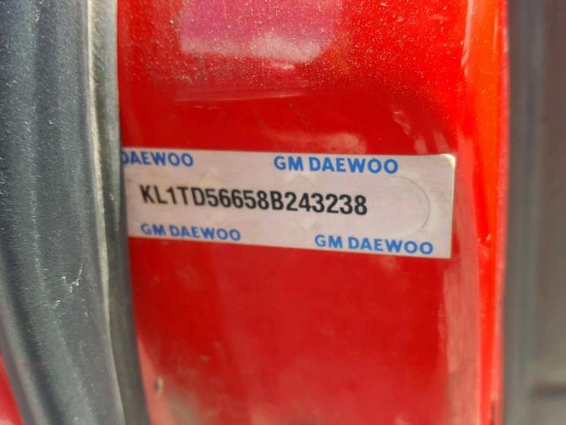 KL1TD56658B243238 - 2008 CHEVROLET AVEO BASE Қызыл фото 10