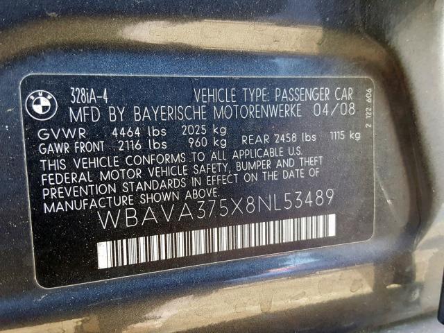 WBAVA375X8NL53489 - 2008 BMW 328 I GRAY photo 10