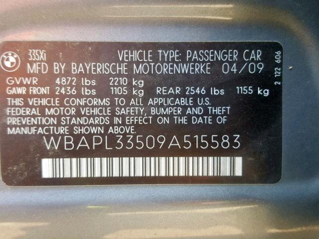 WBAPL33509A515583 - 2009 BMW 335 XI GRAY photo 10