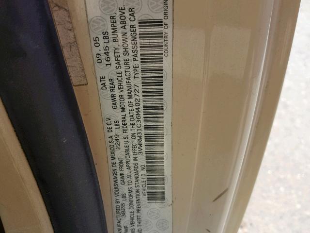 3VWRW31C36M402727 - 2006 VOLKSWAGEN NEW BEETLE კრემისფერი ფოტო 10