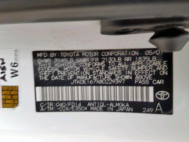 JTKDE167X80229397 - 2008 TOYOTA SCION TC WHITE photo 10