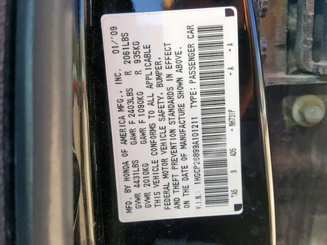 1HGCP26899A101211 - 2009 HONDA ACCORD EXL BLACK photo 10