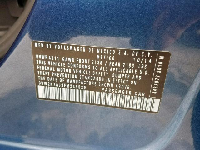 3VW2K7AJ3FM246529 - 2015 VOLKSWAGEN JETTA BASE 蓝色 照片 10