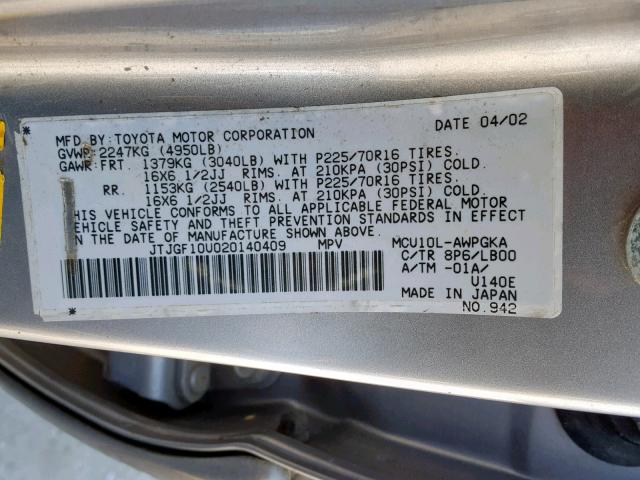 JTJGF10U020140409 - 2002 LEXUS RX 300 SILVER photo 10