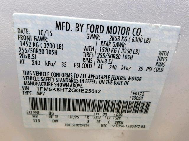 1FM5K8HT2GGB25642 - 2016 FORD EXPLORER P WHITE photo 10