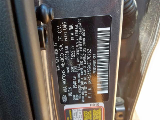 3KPA24AB9KE170762 - 2019 KIA RIO S GRAY photo 10