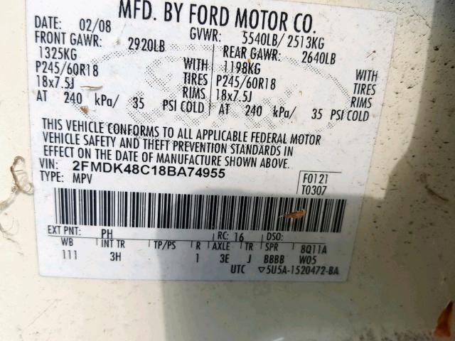 2FMDK48C18BA74955 - 2008 FORD EDGE SEL CREAM photo 10