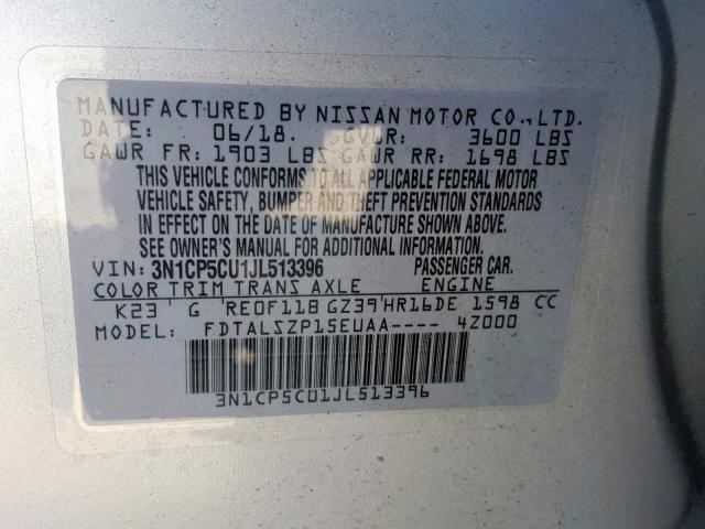 3N1CP5CU1JL513396 - 2018 NISSAN KICKS S SILVER photo 10