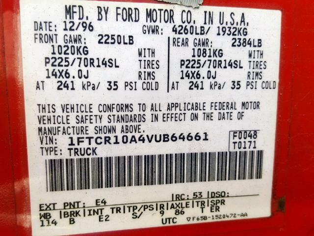 1FTCR10A4VUB64661 - 1997 FORD RANGER RED photo 10