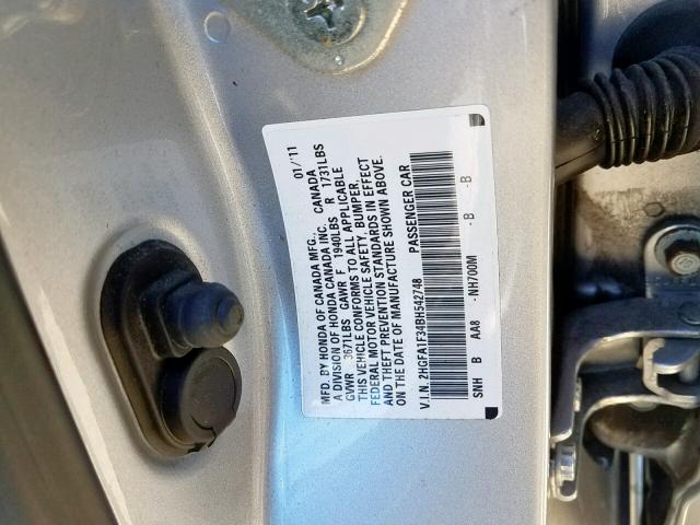 2HGFA1F34BH542748 - 2011 HONDA CIVIC VP SILVER photo 10