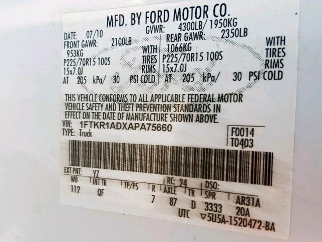 1FTKR1ADXAPA75660 - 2010 FORD RANGER WHITE photo 10