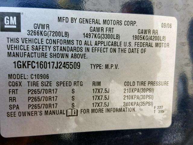 1GKFC16017J245509 - 2007 GMC YUKON XL C BLUE photo 10