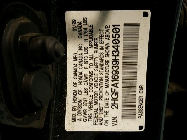 2HGFA16939H340501 - 2009 HONDA CIVIC EXL BLACK photo 10