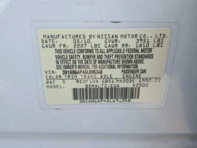 3N1AB6AP4AL696348 - 2010 NISSAN SENTRA 2.0 WHITE photo 10