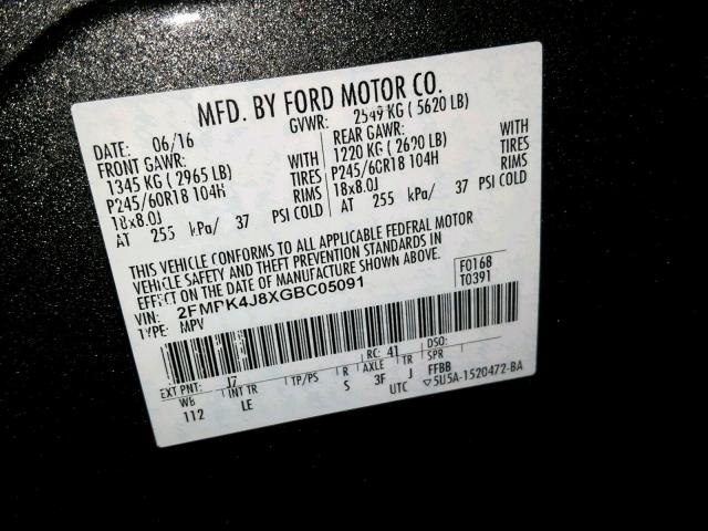 2FMPK4J8XGBC05091 - 2016 FORD EDGE SEL GRAY photo 10