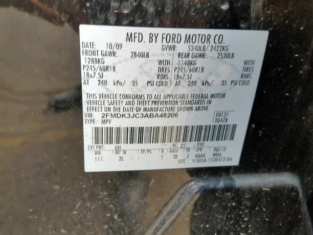 2FMDK3JC3ABA48206 - 2010 FORD EDGE SEL GRAY photo 10