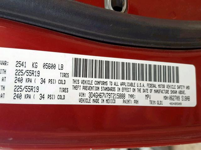 3D4GH67V79T215888 - 2009 DODGE JOURNEY R/ MAROON photo 10