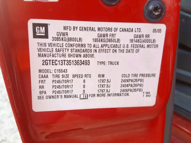 2GTEC13T351363493 - 2005 GMC NEW SIERRA RED photo 10