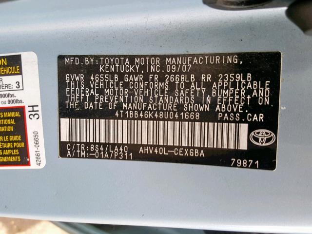 4T1BB46K48U041668 - 2008 TOYOTA CAMRY HYBR BLUE photo 10